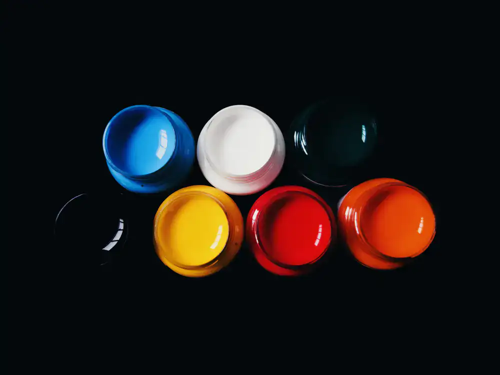 Array of colorful acrylic hobby paints